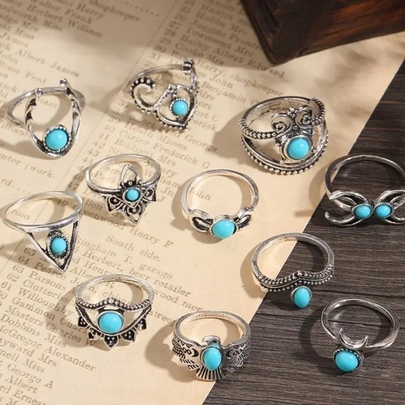 NEW TURQUOISE STACK BOHO VINTAGE STYLE RING SET - Picture 1 of 5